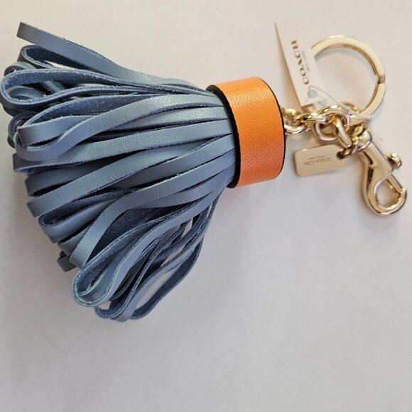 COACH LEATHER TASSEL KEY FOB KEYRING KEYCHAIN BLUE - Picture 3 of 3